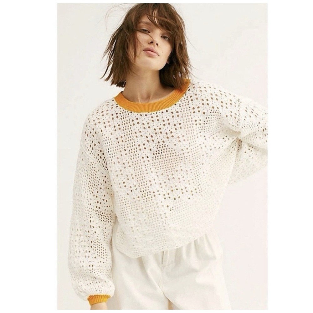 Free People Home Run Sweater Size S Crochet Open Knit Balloon Sleeve Boxy *READ*